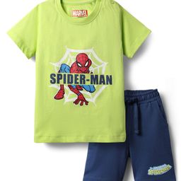 Kookie Kids Marvel Single Jersey Knit Half Sleeves T-Shirt & Shorts Set With Spider-Man Graphics - Light Green & Navy Blue-image-38