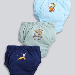 MOONKIDS Cotton Knit Pack Of 3 Baby Animals & Car Printed Bloomers - Olive Green Sky & Navy Blue-image-93