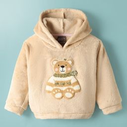 Little Kangaroos Woven Full Sleeves Hooded Fur Sweatshirt with Bear Embroidery & Sequin Detailing - Cream-picture-18