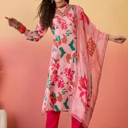 Moda Rapido Floral Printed V-Neck Thread Work Straight Kurta With Trousers & Dupatta-32