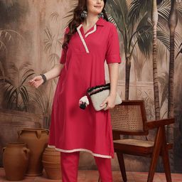 Sangria Crochet Detail Pure Cotton Kurta with Trousers-image-0