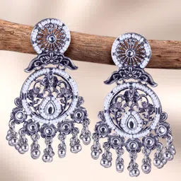 Sangria Silver-Plated Kundan-Studded & Beaded Oxidised Contemporary Shaped Drop Earrings-9