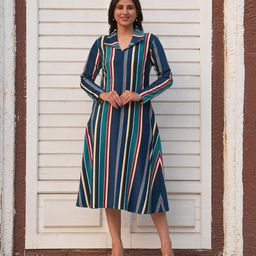 Golden Mirror Striped A-Line Midi Dress-image-24