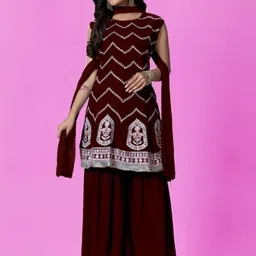 PARROT CREATION Floral Embroidered Georgette Kurti With Sharara And Dupatta-image-3