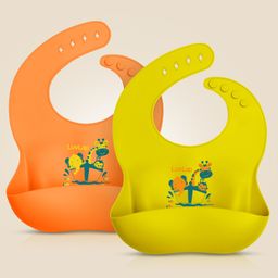 LuvLap Waterproof Silicone Bib With Adjustable Button Closure Monkey Print Pack of 2 - Yellow & Orange-picture-5