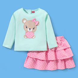 Babyhug 100% Cotton Full Sleeves Top & Skirt Bear Print - Blue & Pink-image-21