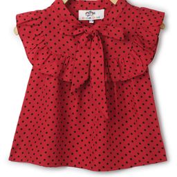 Chuppan Chupai Frill Cap Sleeves Flounce Detailed Polka Dot Printed Front Tie Up Top - Red-image-3