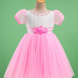 Bluebell Half Sleeve Net DC Party Frock With Floral Applique - Pink-image-3