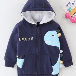 Kookie Kids Fleece Full Sleeves Hooded Sweatjacket with Kangaroo Pocket & Dino Graphics Detailing - Blue-image-16