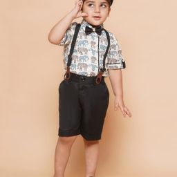 AJ DezinesCotton Blend Half Sleeves Elephant PrintedShirtWith Solid Shorts & Suspender With Cap & Bow- Black-picture-12