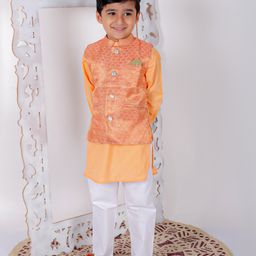 Superminis  Pure Cotton Full Sleeves Solid Kurta Pyjama With Dupion Silk Seamless Scallop Styles Ethnic Motif Designed Jacket - Orange-image-2