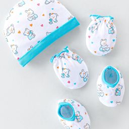 Babyhug 100% Cotton Knit Cap Mittens & Booties  Teddy Bear Print- Blue & White-image-23
