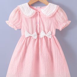 Kookie Kids Half Sleeves Checkered Frock With Bow Applique - Pink-picture-17