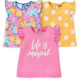 Babyhug Cotton Frill Sleeves Tops With Floral & Polka Dots Print Pack of 3 - Pink & Yellow-image-99
