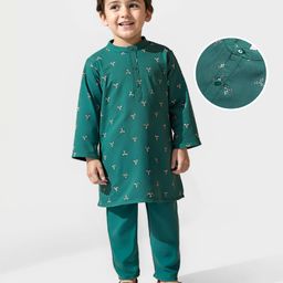 Babyhug Woven  Full Sleeves Sequinned Kurta Pyjama Set - Green-image-87