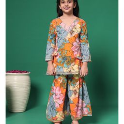 READIPRINT Cotton Three Fourth Sleeves Floral Printed Kurta & Sharara - Grey-picture-33