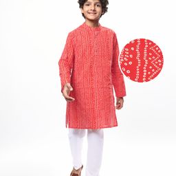 Pine Kids Cotton Woven Full Sleeves Kurta Pyjama Set with Bandhani Print - Red-image-90