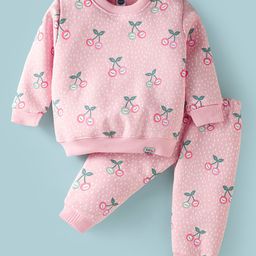 Teddy Fleece Knit Full Sleeves Winter Wear Sweatshirt & Pant Set with Cherry Print - Pink-image-93