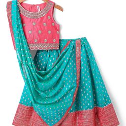 Babyhug Woven Sleeveless Choli Lehenga & Dupatta Set with Foil Print - Pink & Aqua Blue-image-78