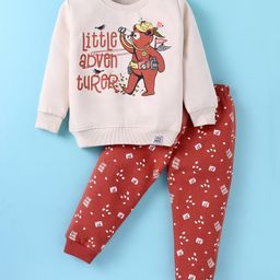 Teddy Fleece Knit Full Sleeves Winter Wear Suit With Teddy & Text Print - Peach-image-56