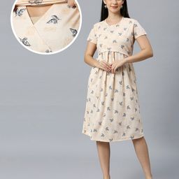 True Shape Half Sleeves Leaves Printed Maternity Dress With Zipless Nursing Access - Orange-image-91