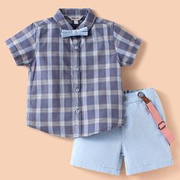 ToffyHouse Poplin Woven Half Sleeves Checks Shirt & Shorts With Bow & Suspender - Blue-image-76