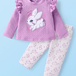 Babyhug Knit Full Sleeves Quilted Top & Lounge Pant Set With Bunny Print & Patch - Lilac & White-image-85