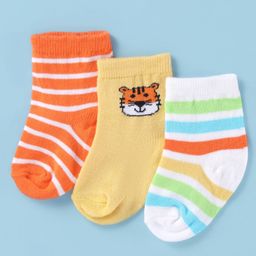 Cute Walk by Babyhug Antibacterial Ankle Length Socks With Striped & Tiger Print - Orange White & Yellow-image-51