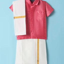 Dapper Dudes Half Sleeves Solid Shirt With Mundu & Angavastram Set - Tomato-image-94