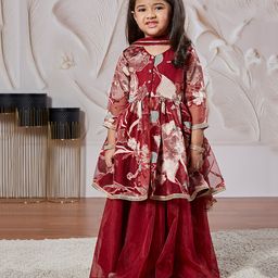Vastramay Brasso Three Fourth Sleeves Floral Printed Kurta Lehenga Set - Maroon-image-67