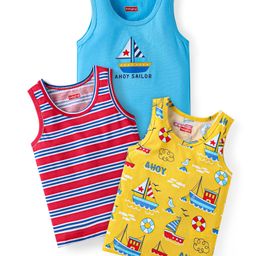 Babyhug 100% Cotton Knit Sleeveless Sandos with Stripes & Sea Life Print Pack of 3 - Light Blue & Yellow-picture-13