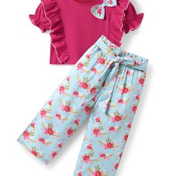 CrayonFlakes Cotton Half Puffed Sleeves Bow Applique Detailed Top & Floral Printed Belted Palazzo Set - Pink-picture-35