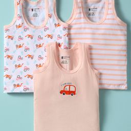 Bodycare Cotton Knit Sleeveless Vest With Stripes & Vehicle Print Pack Of 3 - White & Peach-image-73