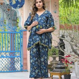 Aujjessa Cotton Batwing Sleeves Floral Printed & Lace Embellished Maternity Feeding Night Suit with Concealed Zipper Nursing Access - Indigo-image-40