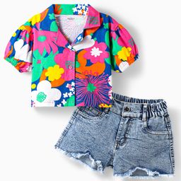 Ollington St. CottonKnit Half Sleeves Floral Printed Top & Stretchable Denim Shorts Set - Multicolor-picture-7
