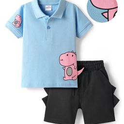 Mark & Mia Cotton Knit Half Sleeves Polo T-Shirt & Shorts With Dino Graphics Print & Spikes Detailing - Light Blue-image-90