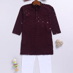 JBN Creation Rayon Full Sleeves Schiffli Embroidered Sequins Embellished Kurta Pyjama Set - Wine-image-98