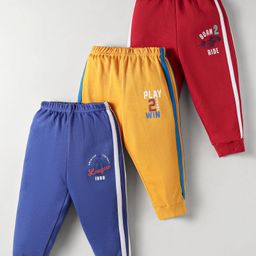 Zero Cotton Knit Full Length Lounge Pant With Text Print Pack Of 3 - Red Navy Blue & Yellow-image-65
