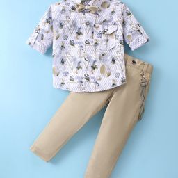 Rikidoos Full Sleeves Abstract Printed Shirt With Pant Suspender & Bow Set - White & Light Mustard-image-31