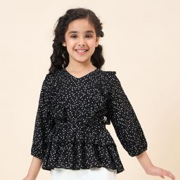 StyloBug Viscose Rayon Three Fourth Sleeves Triangles Printed Peplum Top - Black-image-24