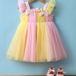 Babyhug Woven Frill Sleeves Mesh Party Dress with Booties Bow Applique & Sequin Detailing - Yellow-image-37