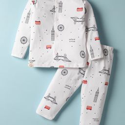 First Smile Sinker Knit Full Sleeves Co-ords Night Suit with London Theme Print - White-image-59