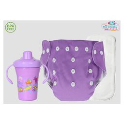 The Cheeky Kidzz Baby 1 Pocket Style Button Reusable Cloth Diaper Nappy With Bamboo Microfiber Insert With 250ml Spout Sipper Feeder BPA Free (Purple)-86
