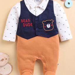 Wonderchild Full Sleeves Teddy Bear Embroidered & Geometric Printed Romper - White & Rust-image-2