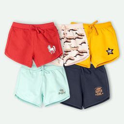 Ariel Cotton Knit Pack Of 5 Unicorn & Typography Printed Shorts - Red Peach Yellow Sky & Navy Blue-image-6
