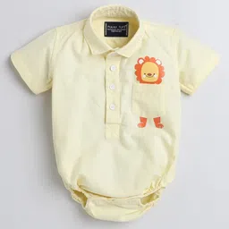 Polka Tots Cotton Knit Half Puffed Sleeves Lion Printed Onesie - Yellow-picture-15