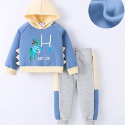Mark & Mia Cotton Knit Full Sleeves Hooded Sweatshirt & Joggers with Dino Print & Spikes Detailing - Blue & Grey-picture-27
