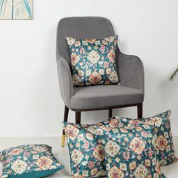 MFD HOME FURNISHING Blue & Yellow Set of 5 Ethnic Motifs Velvet Square Cushion Covers-17