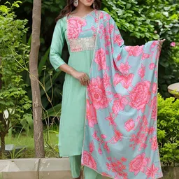 Navlik Floral Embroidered Thread Work Chanderi Silk Kurta With Trousers & Dupatta-18