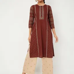 max Geometric Yoke Design Thread Work Cotton A Line Kurta-63